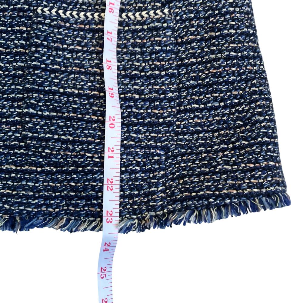 Talbots Sz 12Petite Airy Tweed Woven Jacket Open Front Fringe Trim Navy Classic - Picture 11 of 16